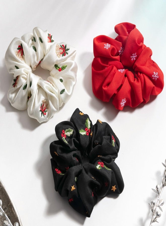 MasQ Satin Scrunchies for Women and Girls - Christmas Embroidered, Soft Elastic Hair Bands | Satin Poly Crepe | Perfect Christmas/Secret Santa gift | Red, White & Black, Pack of 3 - Image 1