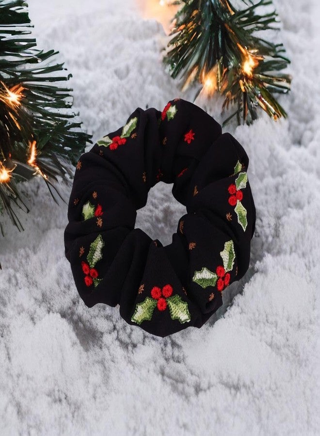 MasQ Satin Scrunchies for Women and Girls - Christmas Embroidered, Soft Elastic Hair Bands | Satin Poly Crepe | Perfect Christmas/Secret Santa gift | Red, White & Black, Pack of 3 - Image 4