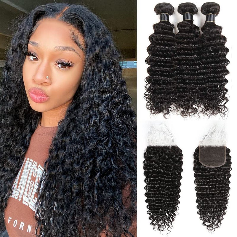 Deep Wave Bundles 12 14 1610 100 Unprocessed 3 Bundles Human Hair Bundles with 4x4 HD Lace Free Part Baby Hair Closure 10A Human Hair Bundles Natural Color