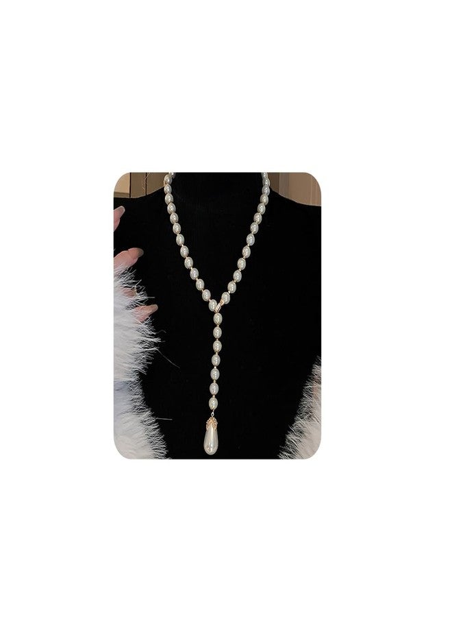 Chargances Dainty Long Pearl Lariat Necklaces 1920s White Flapper Beads Y Choker Wedding Costume Jewelry Necklace for Women Brides - Image 1