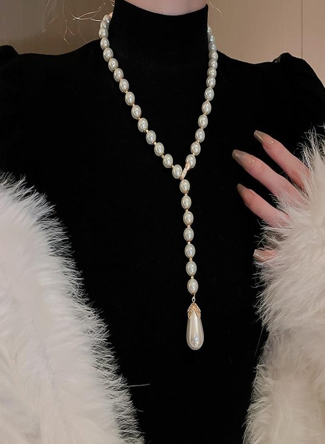 Chargances Dainty Long Pearl Lariat Necklaces 1920s White Flapper Beads Y Choker Wedding Costume Jewelry Necklace for Women Brides - Image 2