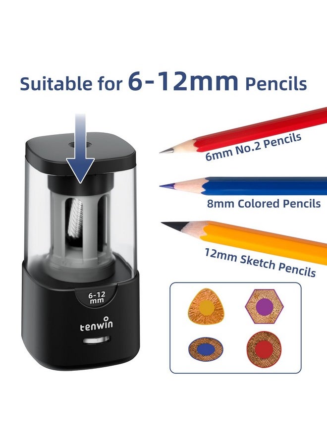tenwin - Electric Pencil Sharpener, Auto Stop Pencil Sharpener For Colored Pencils, Sharp & Fast, For 6-12Mm Pencils, Pencil Sharpener Electric Plug In, Helical Blade, Ideal For Home, Classroom (Black) - Image 1