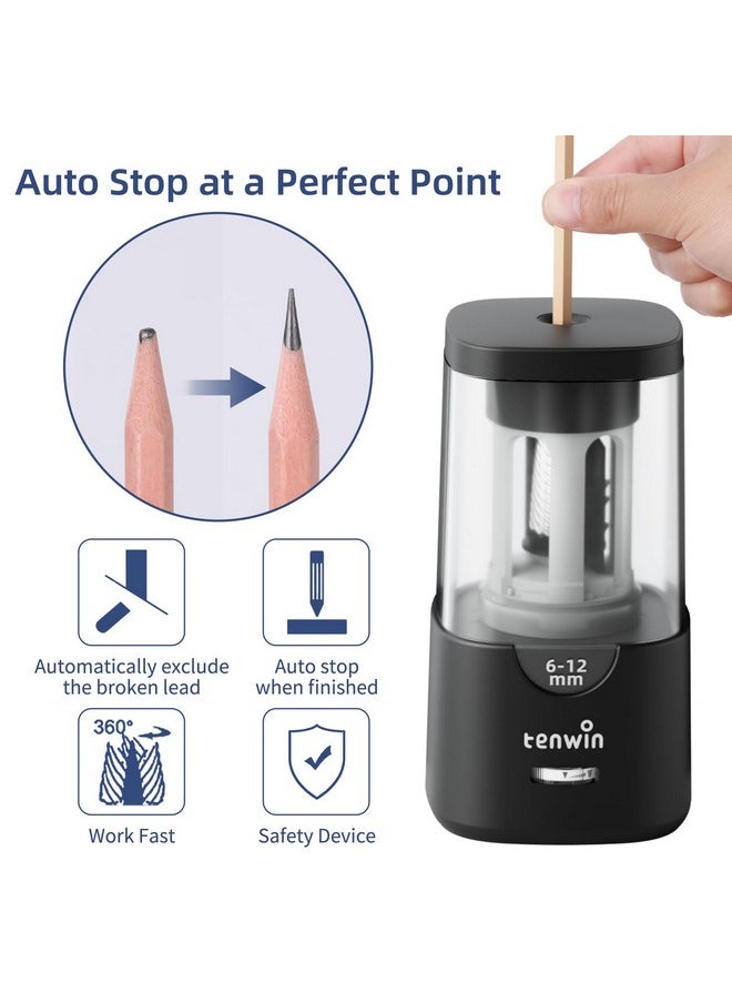 tenwin - Electric Pencil Sharpener, Auto Stop Pencil Sharpener For Colored Pencils, Sharp & Fast, For 6-12Mm Pencils, Pencil Sharpener Electric Plug In, Helical Blade, Ideal For Home, Classroom (Black) - Image 1