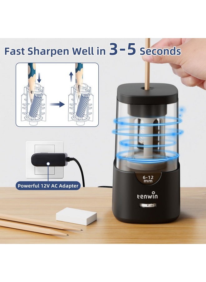 tenwin - Electric Pencil Sharpener, Auto Stop Pencil Sharpener For Colored Pencils, Sharp & Fast, For 6-12Mm Pencils, Pencil Sharpener Electric Plug In, Helical Blade, Ideal For Home, Classroom (Black) - Image 1