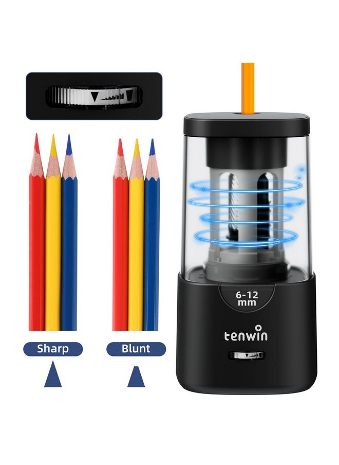 tenwin - Electric Pencil Sharpener, Auto Stop Pencil Sharpener For Colored Pencils, Sharp & Fast, For 6-12Mm Pencils, Pencil Sharpener Electric Plug In, Helical Blade, Ideal For Home, Classroom (Black) - Image 1