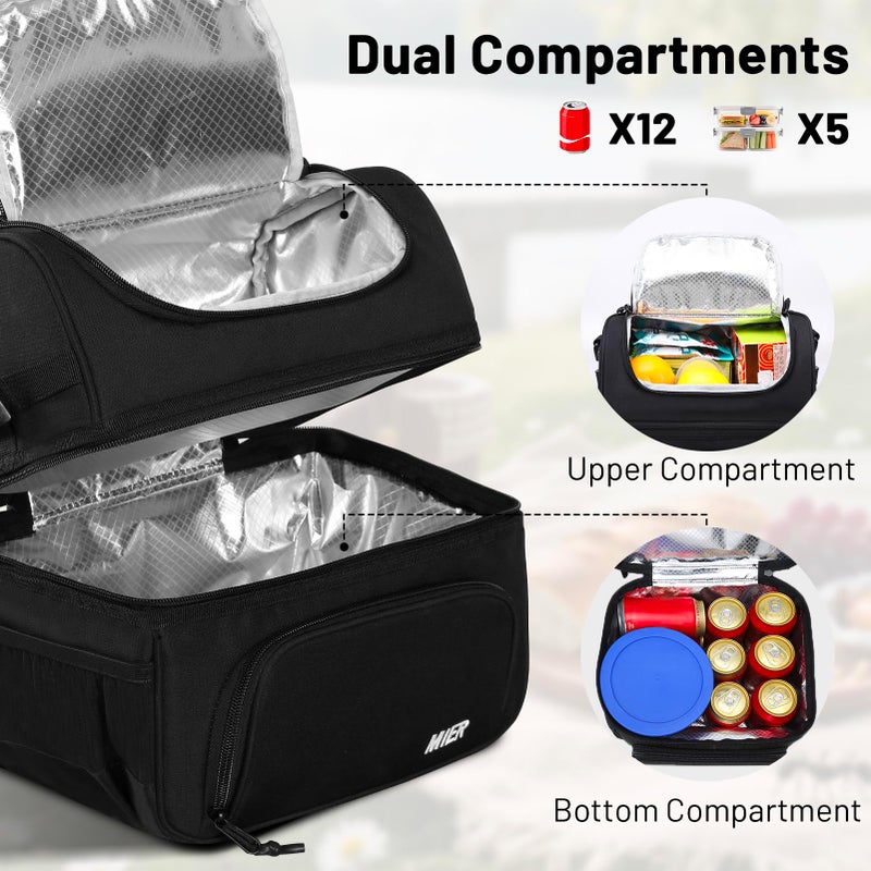 MIER Dual Compartment Lunch Bag Tote with Shoulder Strap for Men and Women Insulated Leakproof Cooler Bag, Dark Grey - Image 2