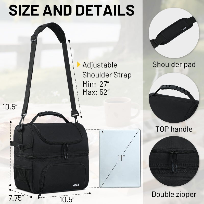 MIER Dual Compartment Lunch Bag Tote with Shoulder Strap for Men and Women Insulated Leakproof Cooler Bag, Dark Grey - Image 4