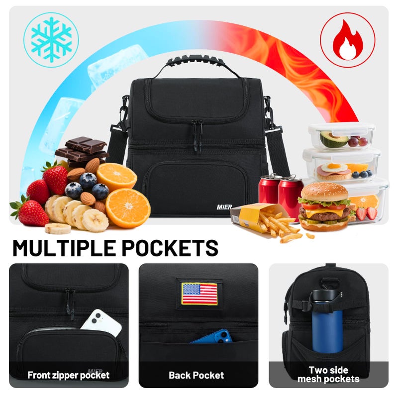 MIER Dual Compartment Lunch Bag Tote with Shoulder Strap for Men and Women Insulated Leakproof Cooler Bag, Dark Grey - Image 3