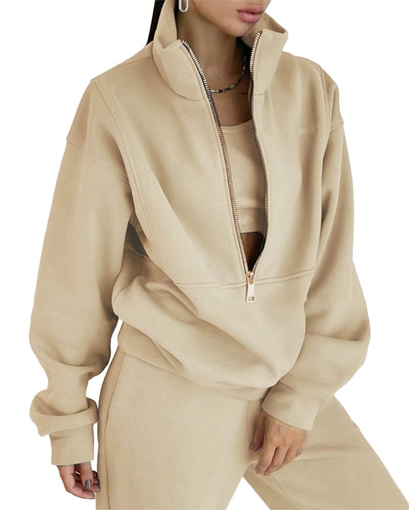 Eisctnd Womens Fleece 2 Piece Sweatsuit Lounge Set Long Sleeve Sweatshirt Jogger Pants Tracksuit Sweatsuit 2024 Fall Sets(LightKhaki-S) - Image 1