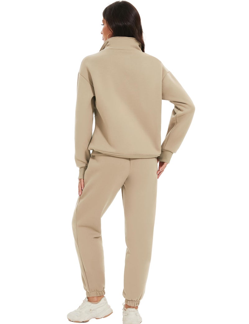 Eisctnd Womens Fleece 2 Piece Sweatsuit Lounge Set Long Sleeve Sweatshirt Jogger Pants Tracksuit Sweatsuit 2024 Fall Sets(LightKhaki-S) - Image 4