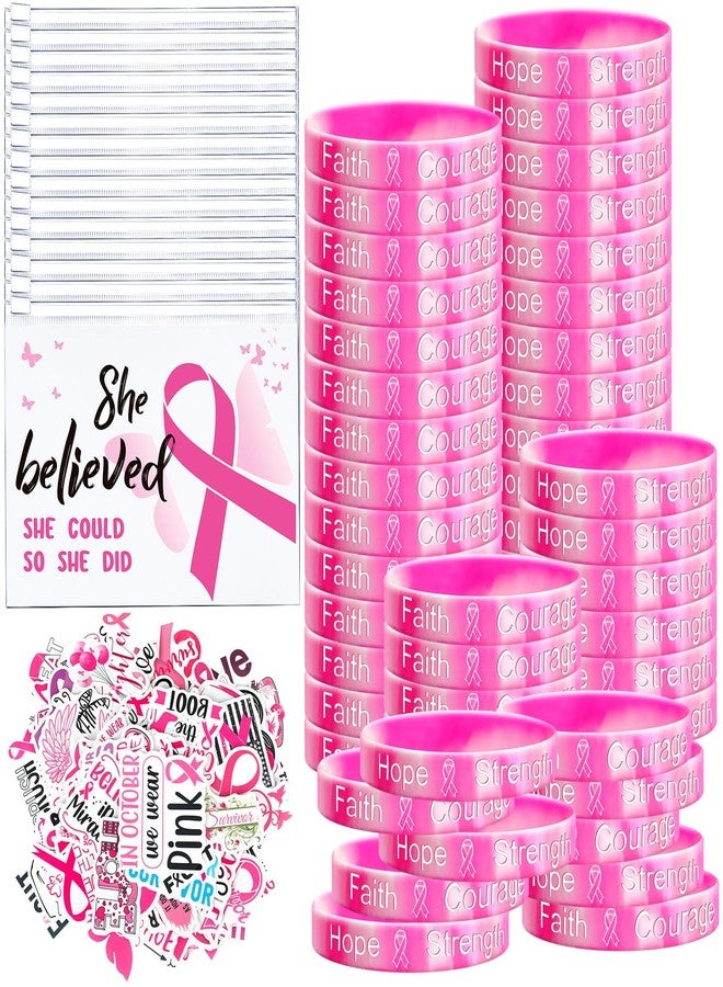 Cholemy 200 Pcs Breast Cancer Awareness Gifts Breast Cancer Awareness Silicone Bracelets Pink Ribbon Inspiring Stickers Pink Ribbon Makeup Bags for Women Survivor Charity Party Favors Supplies - Image 1