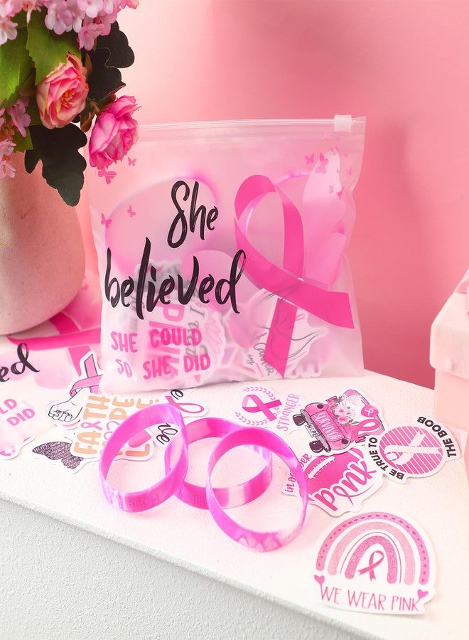 Cholemy 200 Pcs Breast Cancer Awareness Gifts Breast Cancer Awareness Silicone Bracelets Pink Ribbon Inspiring Stickers Pink Ribbon Makeup Bags for Women Survivor Charity Party Favors Supplies - Image 4