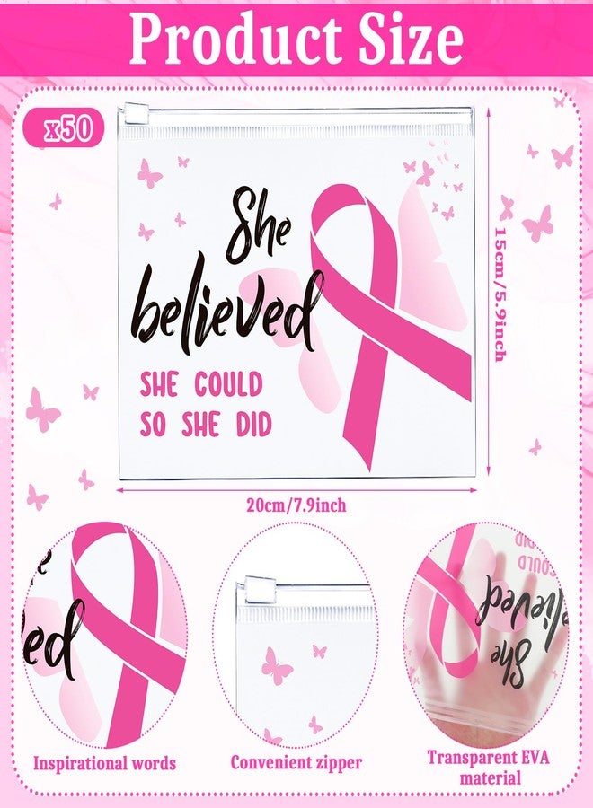Cholemy 200 Pcs Breast Cancer Awareness Gifts Breast Cancer Awareness Silicone Bracelets Pink Ribbon Inspiring Stickers Pink Ribbon Makeup Bags for Women Survivor Charity Party Favors Supplies - Image 2