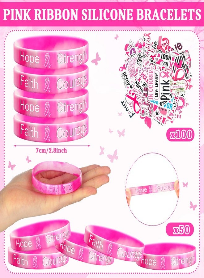 Cholemy 200 Pcs Breast Cancer Awareness Gifts Breast Cancer Awareness Silicone Bracelets Pink Ribbon Inspiring Stickers Pink Ribbon Makeup Bags for Women Survivor Charity Party Favors Supplies - Image 3
