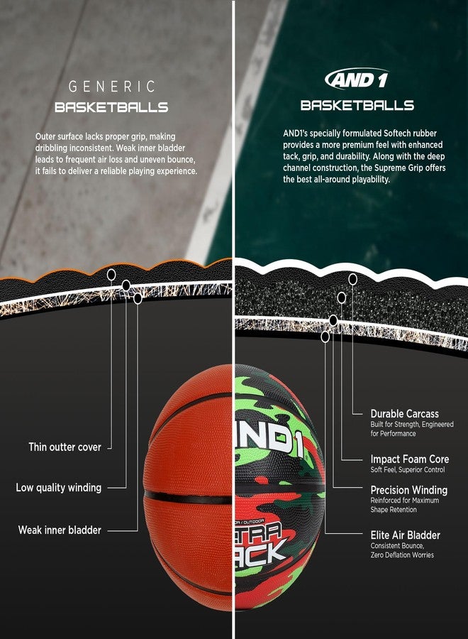 AND1 Ultra Grip Advanced Premium Rubber Basketball (Deflated w/Pump Included): Official Regulation Size 7 (29.5”) Streetball, Made for Indoor/Outdoor Basketball Games, Red/Green - Image 3