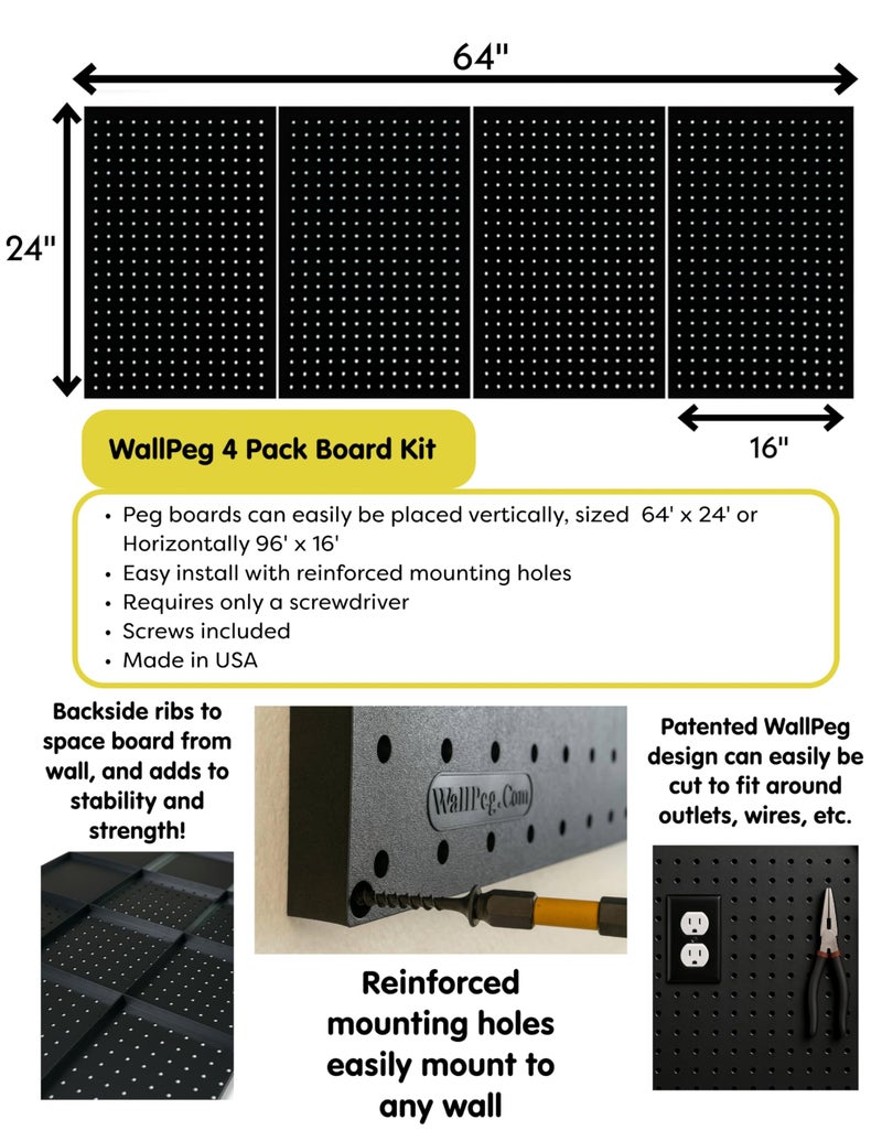 WallPeg Pegboard Kit - 4 Each 24"x16" Peg Board Panels - Made in USA - Mounted Size is 64" x 24" Pegboards Wall Organizer for Walls Home, Garage Tool Storage, Office Organization, Kitchen, Craft Room - Image 5