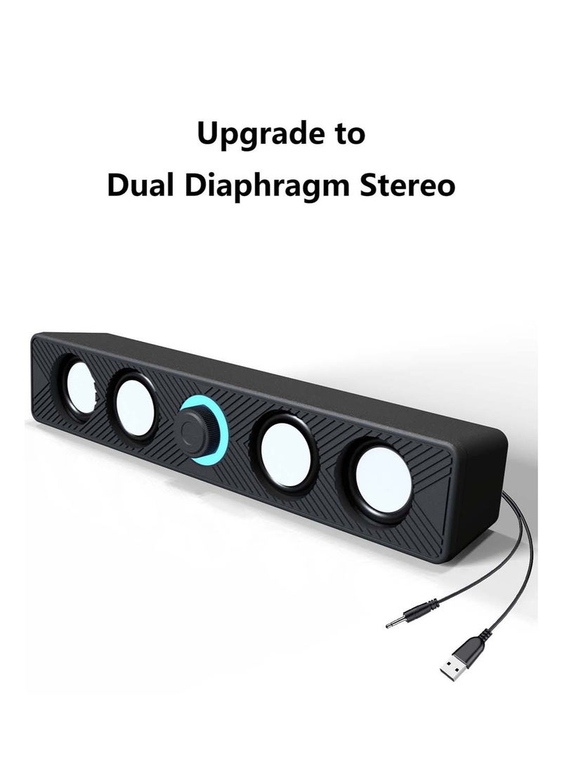 زيبونوفا مكبرات صوت كمبيوتر ذات غشاء مزدوج، صوت سينمائي مع ستيريو وصوت جهير عالي الطاقة، شريط صوت سلكي مزود بمنفذ USB مع مقبض للتحكم في مستوى الصوت، وصلة إضافية مقاس 3.5 مم لأجهزة الكمبيوتر المكتبية والمحمولة وشاشات الكمبيوتر والهواتف المحمولة - Image 1