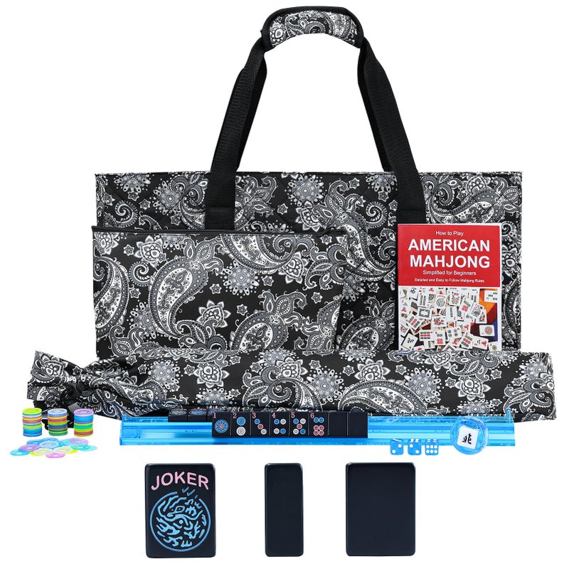 GUSTARIA American Mahjong Game Set, 166 Black Tiles (1.2â€), 4 All-in-One Color Rack/Pushers & Drawstring Bag, Complete Mahjong Set with Black Carrying Bag and Mahjong Tiles Set Accessories - Image 1