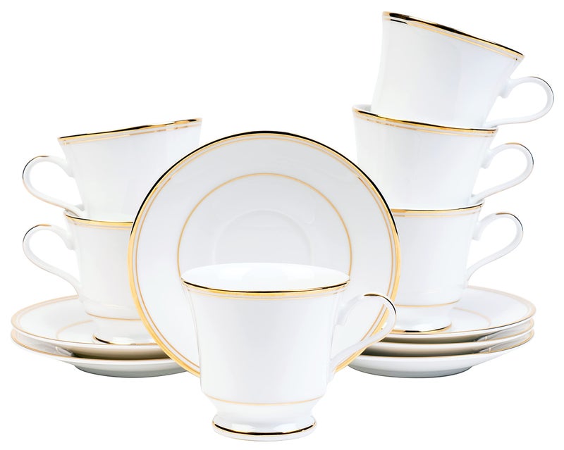 DANKOTUWA, world-class tableware Dankotuwa Premium 24k Gold Tea Coffee Cup and Saucer Set for 6 (12 Pcs, 210ml) | Fine Porcelain Luxury Tableware | Vegan, Scratch Resistant, Gift for Diwali, Wedding Housewarming (Infinity Gold) - Image 1