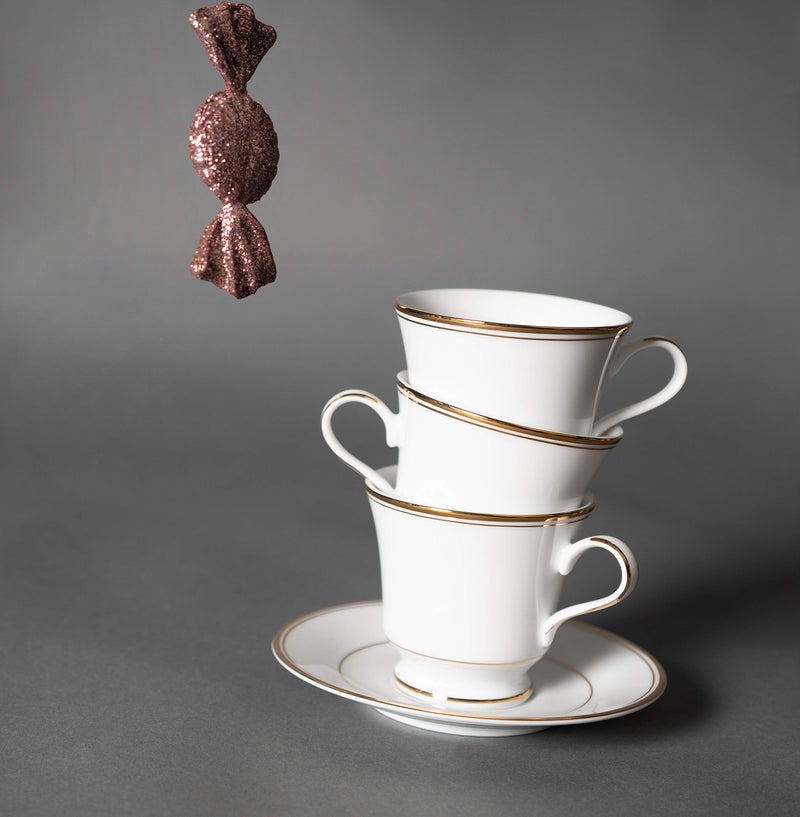 DANKOTUWA, world-class tableware Dankotuwa Premium 24k Gold Tea Coffee Cup and Saucer Set for 6 (12 Pcs, 210ml) | Fine Porcelain Luxury Tableware | Vegan, Scratch Resistant, Gift for Diwali, Wedding Housewarming (Infinity Gold) - Image 4