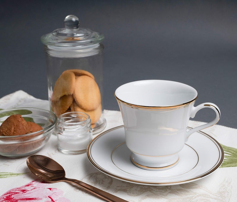 DANKOTUWA, world-class tableware Dankotuwa Premium 24k Gold Tea Coffee Cup and Saucer Set for 6 (12 Pcs, 210ml) | Fine Porcelain Luxury Tableware | Vegan, Scratch Resistant, Gift for Diwali, Wedding Housewarming (Infinity Gold) - Image 2