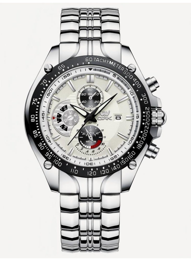 OPK Watches for Men Stainless Steel Waterproof Luminous Analog Quartz Date Wrist Watch Stylish Casual Multifunctional Men's Watch Black/White Dial - Image 2