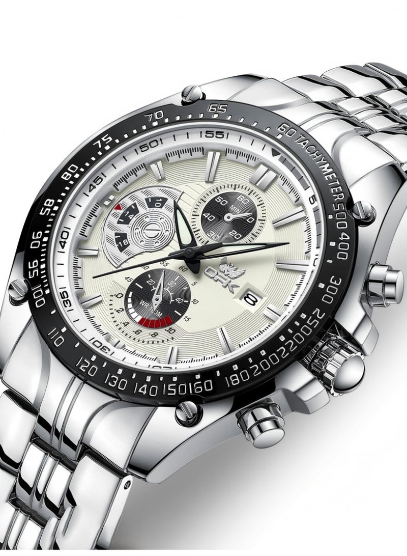 OPK Watches for Men Stainless Steel Waterproof Luminous Analog Quartz Date Wrist Watch Stylish Casual Multifunctional Men's Watch Black/White Dial - Image 4