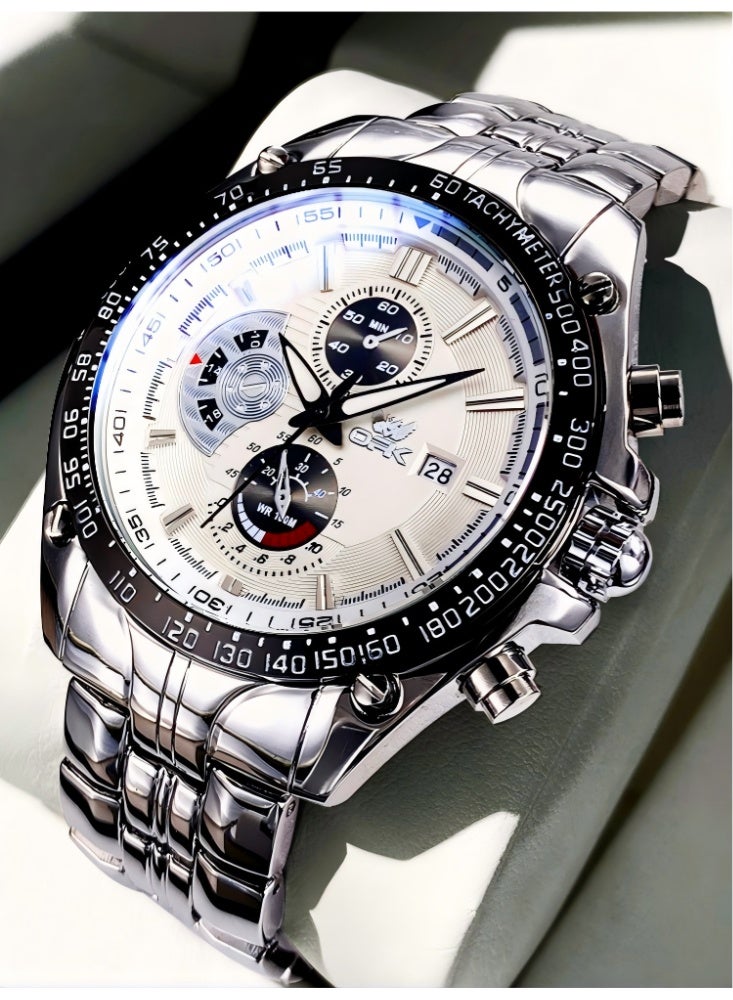 OPK Watches for Men Stainless Steel Waterproof Luminous Analog Quartz Date Wrist Watch Stylish Casual Multifunctional Men's Watch Black/White Dial - Image 1
