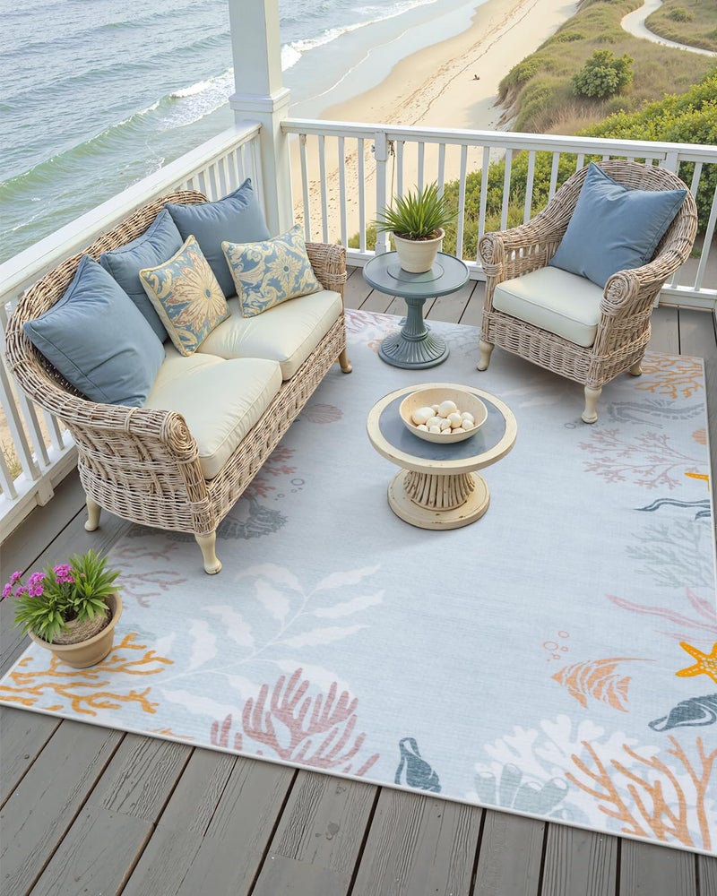 Seavish Coastal Blue Area Rugs for Living Room, 5x7 Washable Ocean Themed Rugs for Bedroom Aesthetic, Low Pile Soft Nautical Nursery Rug, Non Slip Velvet Carpet for Playroom Home Office Entryway - Image 3