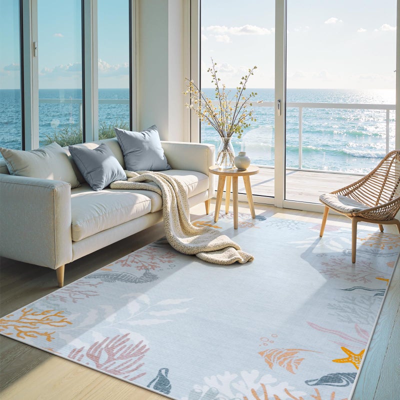 Seavish Coastal Blue Area Rugs for Living Room, 5x7 Washable Ocean Themed Rugs for Bedroom Aesthetic, Low Pile Soft Nautical Nursery Rug, Non Slip Velvet Carpet for Playroom Home Office Entryway - Image 1