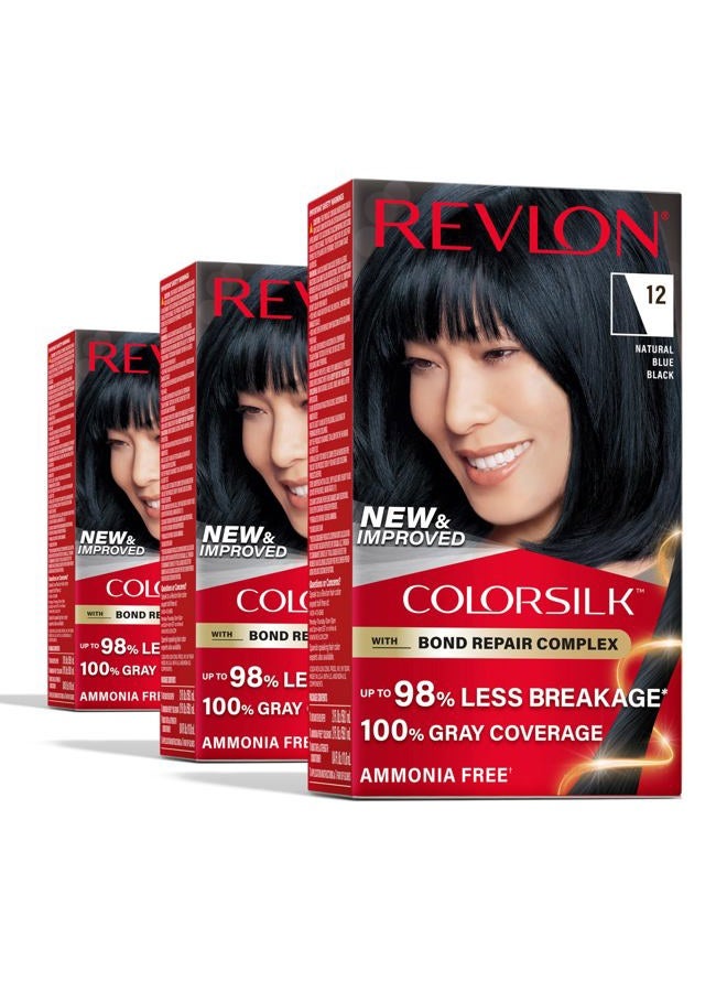 Revlon ColorSilk with Bond Repair Complex, Black Permanent Hair Color, 100% Gray Coverage, Ammonia Free Hair Dye, Vegan Keratin, 12 Natural Blue Black (Pack of 3) - Image 1