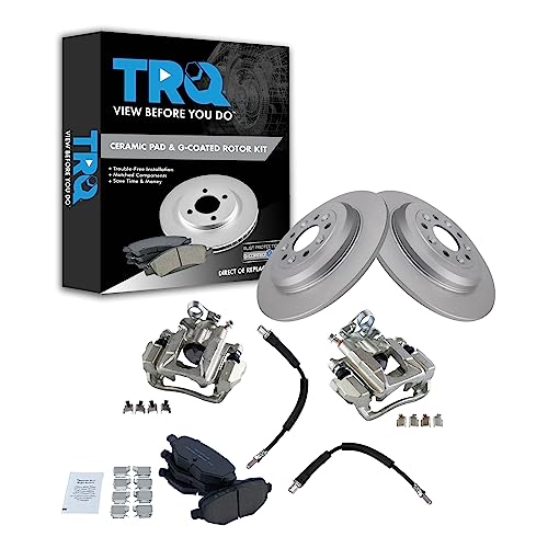 TRQ Rear Brake Pad & Rotor Kit Brake Caliper Brake Hose Brake Pads Brake Rotor Ceramic Premium G-Coated Compatible with 2010-2014 Ford Flex 2013-2015 Taurus Lincoln MKT - Image 1