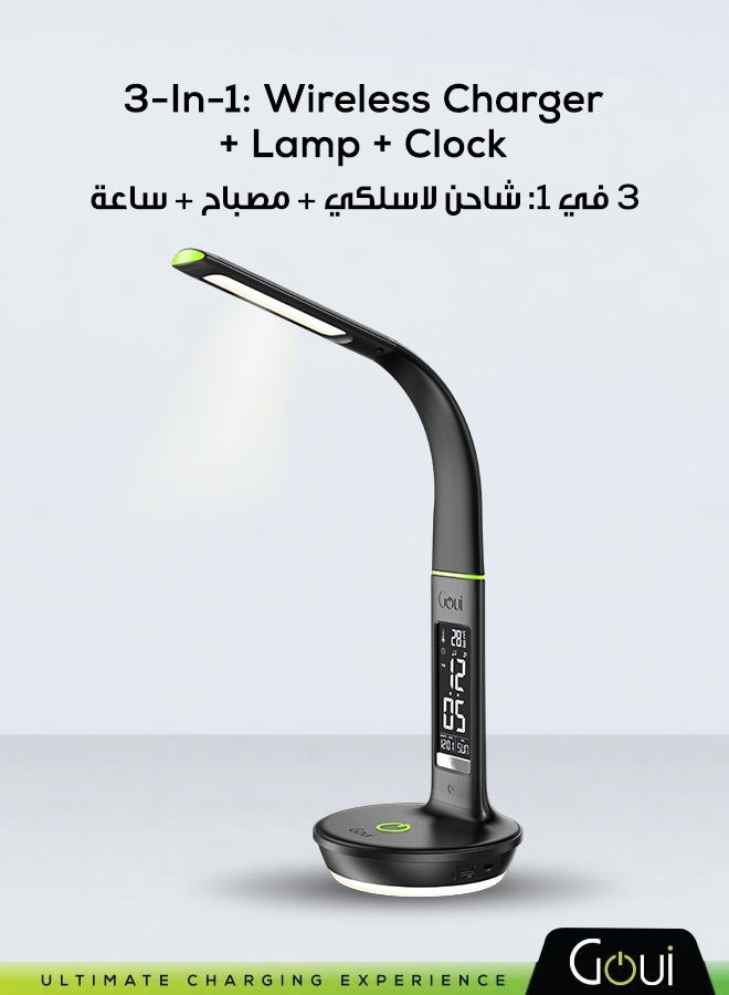 Goui Nuru Plus Smart Desk Lamp – 10W Qi Wireless Charger, Dual Charging Ports, 30W PD Fast Charging & Qualcomm 3.0 Technology, HD VA Display with Clock, alarm and Snooze Function, Night Light for More Convenience, Leather Design Fast Charging for iPhones, Smartphones, and more Black - Image 2