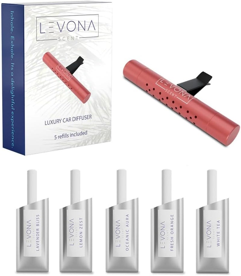 LEVONA SCENT مشابك تهوية السيارة ليفونا: ناشر عطر للسيارة - علاج عطري للسيارة مع حزمة متنوعة من 5 أعواد عطرية - معطر هواء تهوية السيارة للرجال والنساء - مشبك منعش فاخر للسيارة - أحمر - Image 1
