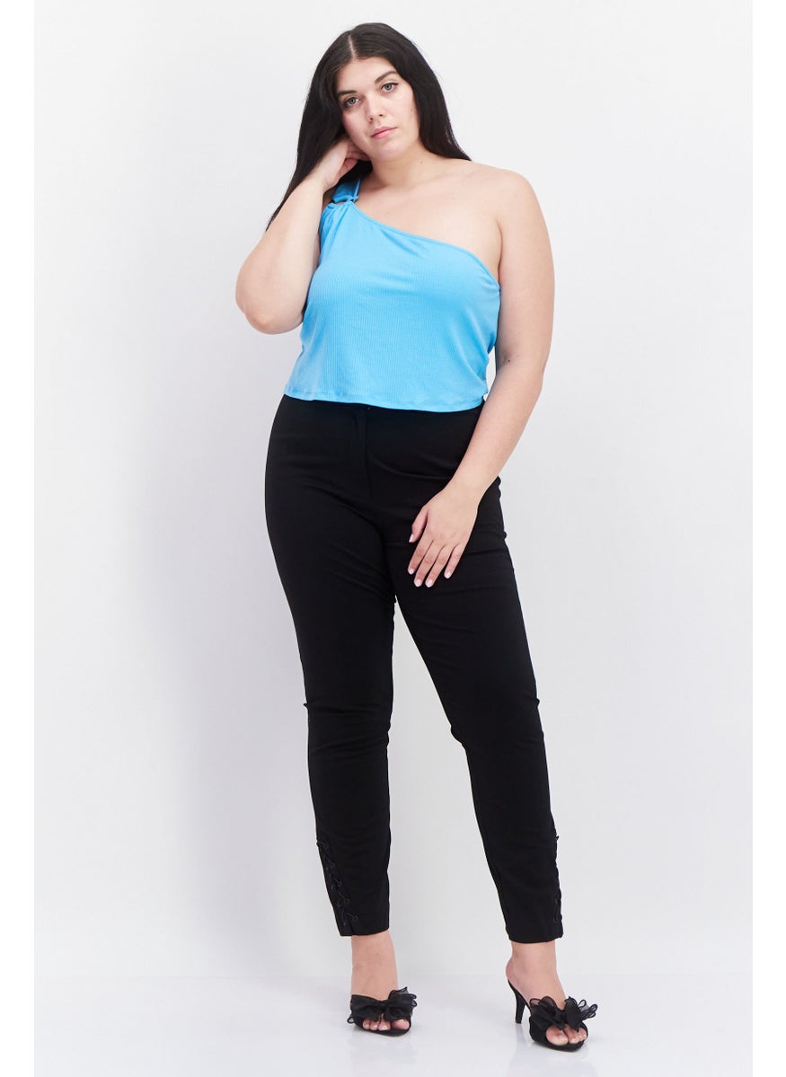 Love Fire - Women Plus Size Asymmetrical Neck One Shoulder Ribbed Tank Top, Light Blue - Image 1