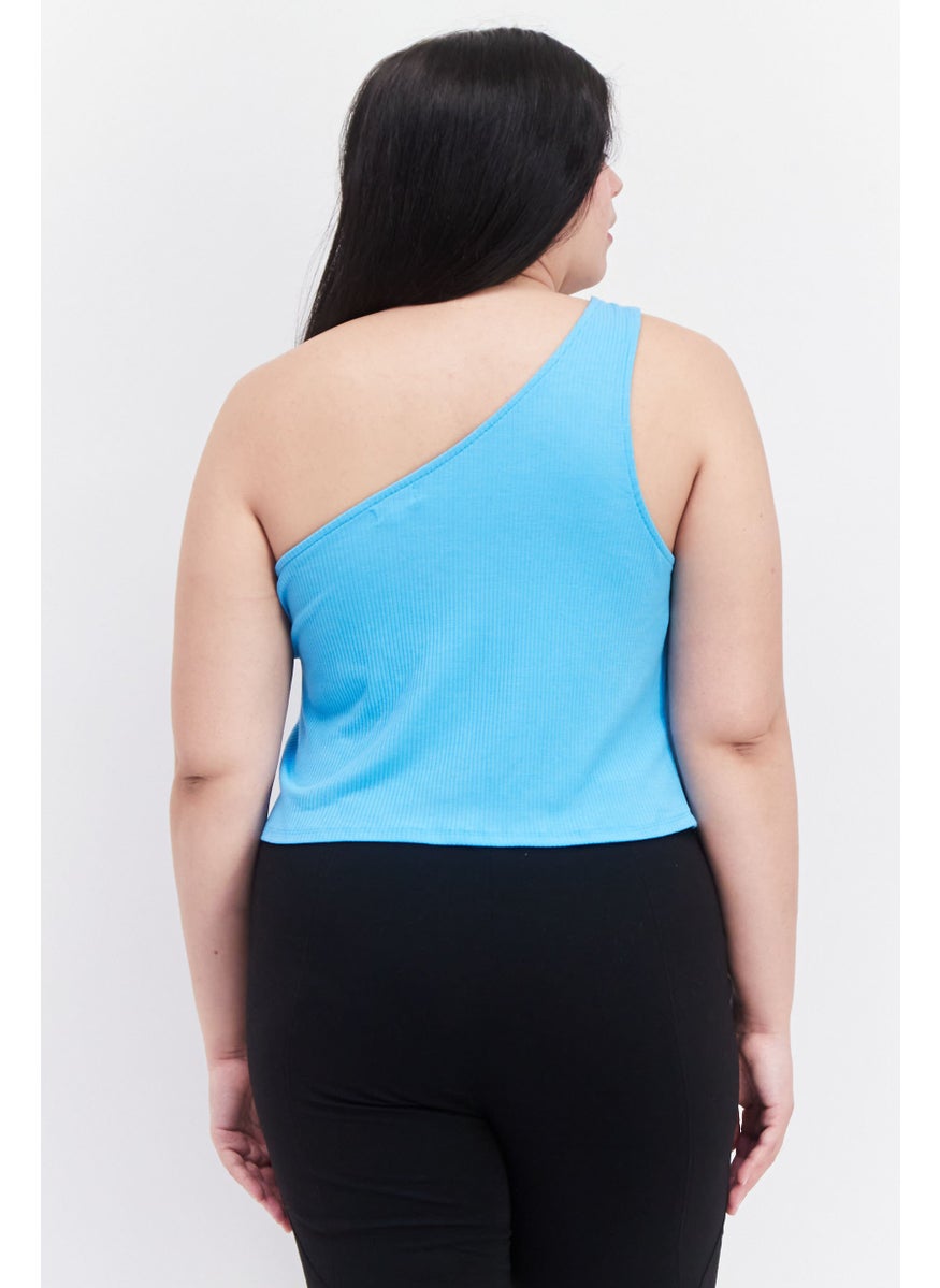 Love Fire - Women Plus Size Asymmetrical Neck One Shoulder Ribbed Tank Top, Light Blue - Image 1