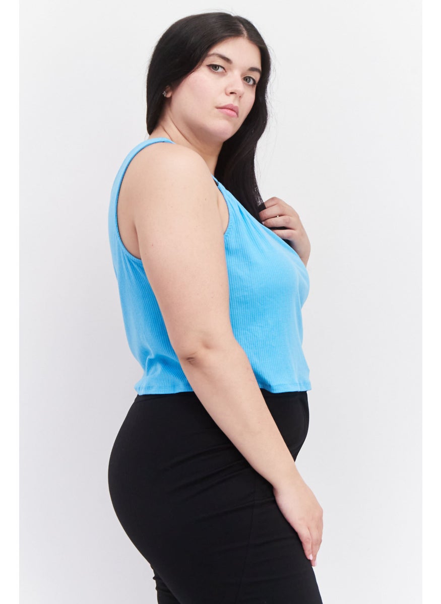 Love Fire - Women Plus Size Asymmetrical Neck One Shoulder Ribbed Tank Top, Light Blue - Image 1