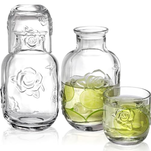 Goaste 2 Sets Bedside Water Carafe with Tumbler, 16oz Vintage Nightstand Glass Pitcher with 5oz Cups, Clear Mouthwash Decanter with Embossed Rose Design for Bathroom, Bedroom, Bar, Kitchen - Image 1