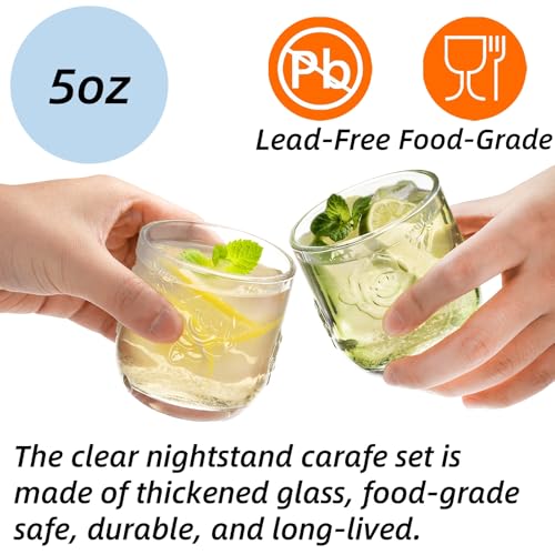 Goaste 2 Sets Bedside Water Carafe with Tumbler, 16oz Vintage Nightstand Glass Pitcher with 5oz Cups, Clear Mouthwash Decanter with Embossed Rose Design for Bathroom, Bedroom, Bar, Kitchen - Image 5
