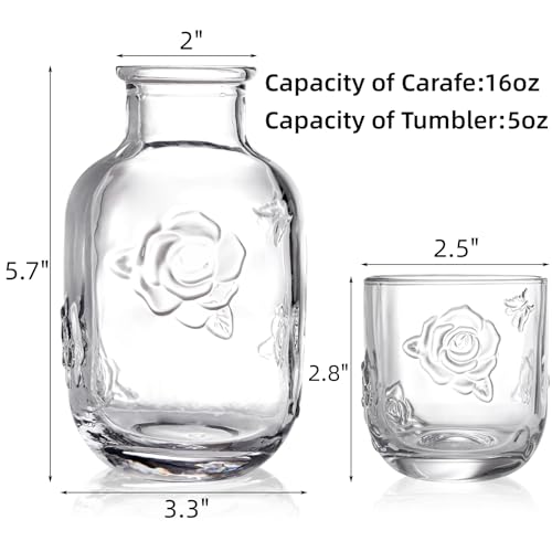Goaste 2 Sets Bedside Water Carafe with Tumbler, 16oz Vintage Nightstand Glass Pitcher with 5oz Cups, Clear Mouthwash Decanter with Embossed Rose Design for Bathroom, Bedroom, Bar, Kitchen - Image 2