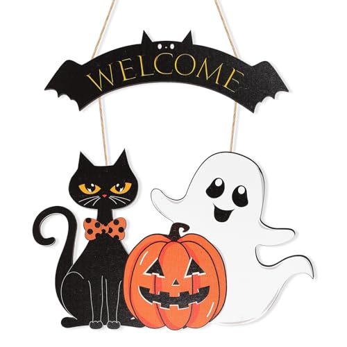 Halloween Decoration Wooden Ghost Door Halloween Wreath for Front Door Sign Wall Signs Decor Pumpkin Black Cat Wreaths Sign Hanging for Home Wall Decor Outdoor Indoor Farmhouse Party Supply