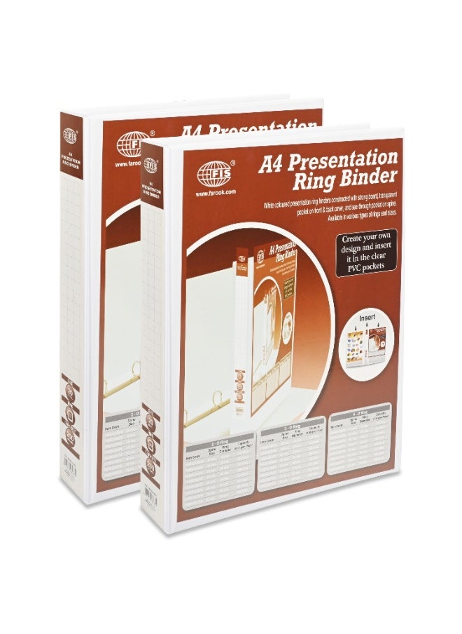 FIS Presentation Binder, A4 Size(210x297mm), 3[D]Ring Type, 20mm Ring Size, 1.50" Inches Spine with Clear PVC Pocket For Easy Insert Your Label Design, Packet of 2 Pieces, White Color-FSBD320DPB/2  - Image 1