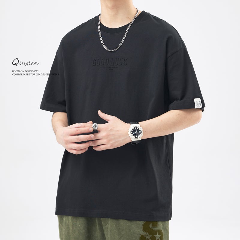 Summer Heavy Short-Sleeved T-Shirt Men'S Cotton Loose Plus Size American Letter Steel-Printed Casual All-Match Round Neck T-Shirt - Image 4