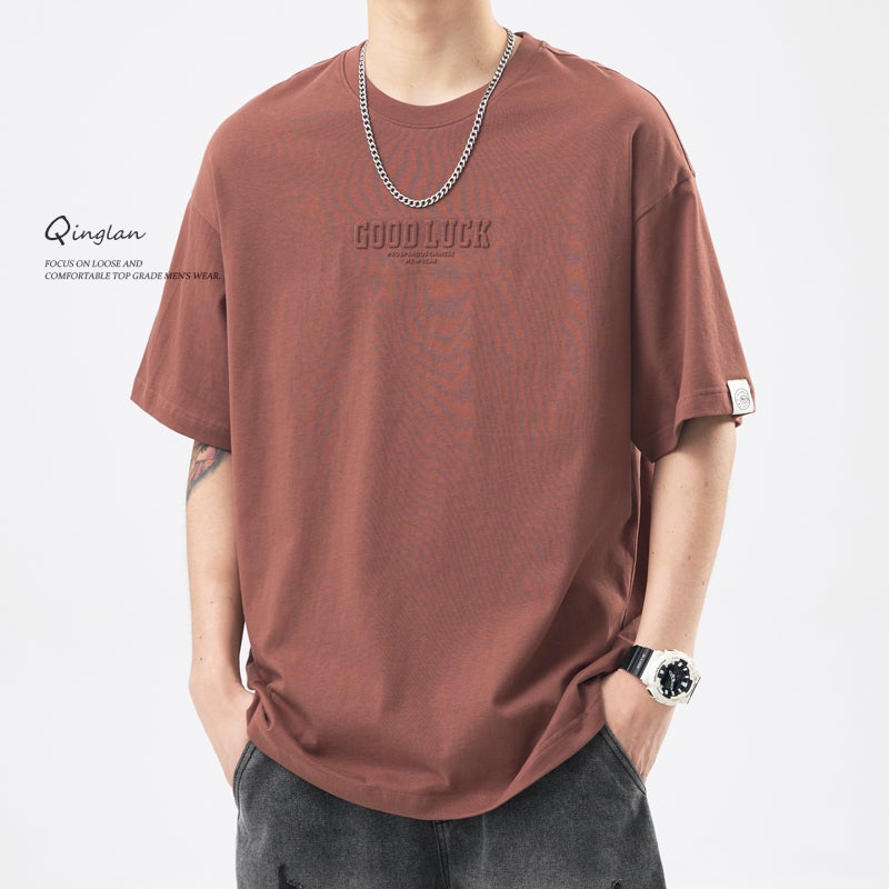 Summer Heavy Short-Sleeved T-Shirt Men'S Cotton Loose Plus Size American Letter Steel-Printed Casual All-Match Round Neck T-Shirt - Image 2