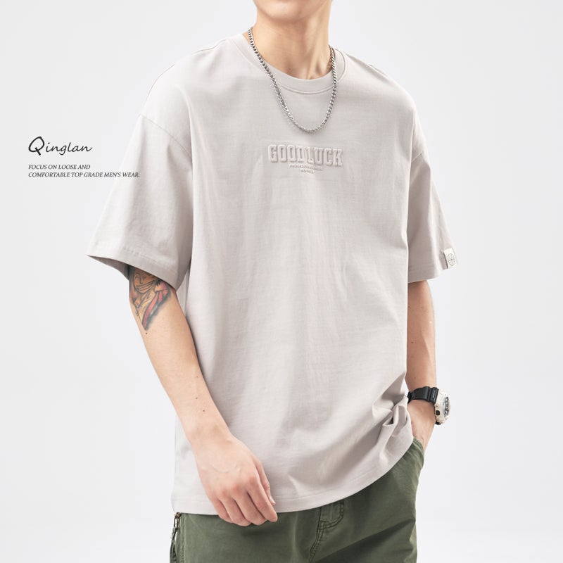 Summer Heavy Short-Sleeved T-Shirt Men'S Cotton Loose Plus Size American Letter Steel-Printed Casual All-Match Round Neck T-Shirt - Image 5