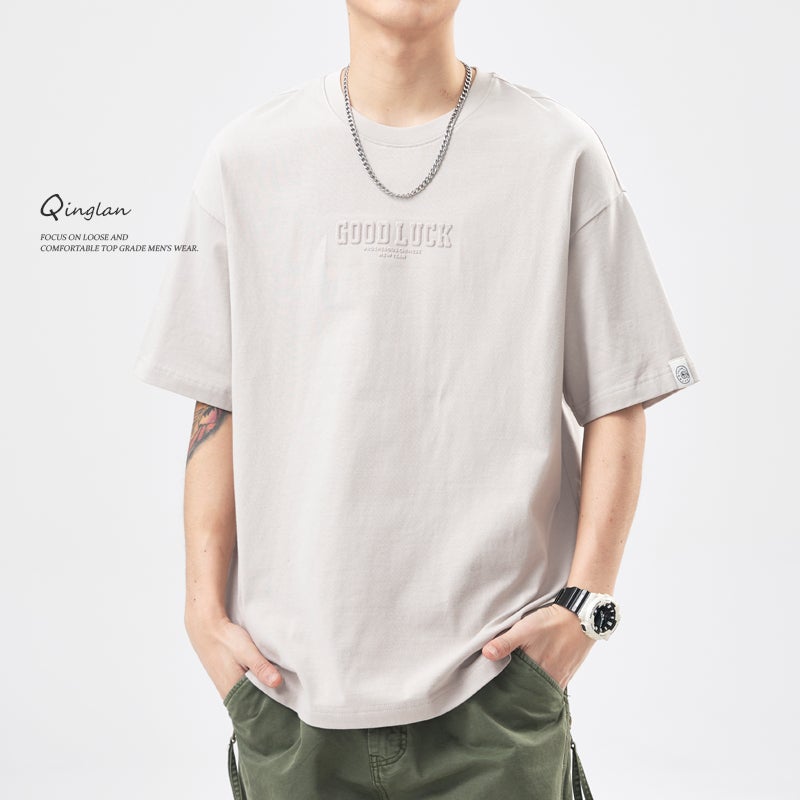 Summer Heavy Short-Sleeved T-Shirt Men'S Cotton Loose Plus Size American Letter Steel-Printed Casual All-Match Round Neck T-Shirt - Image 1