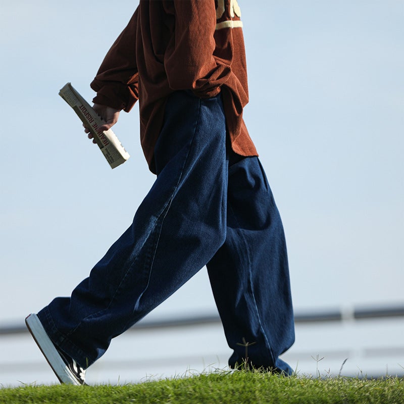 Japanese Style Retro cityboy Jeans Mens Loose Straight Wide Leg Pants oversize dark blue Work Pants Blue [high quality]