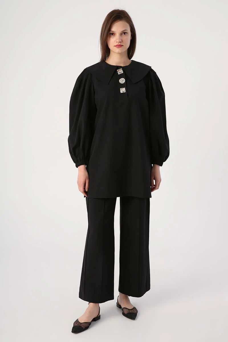 Allday Black-Gold Buttoned Large Collar Trouser Suit