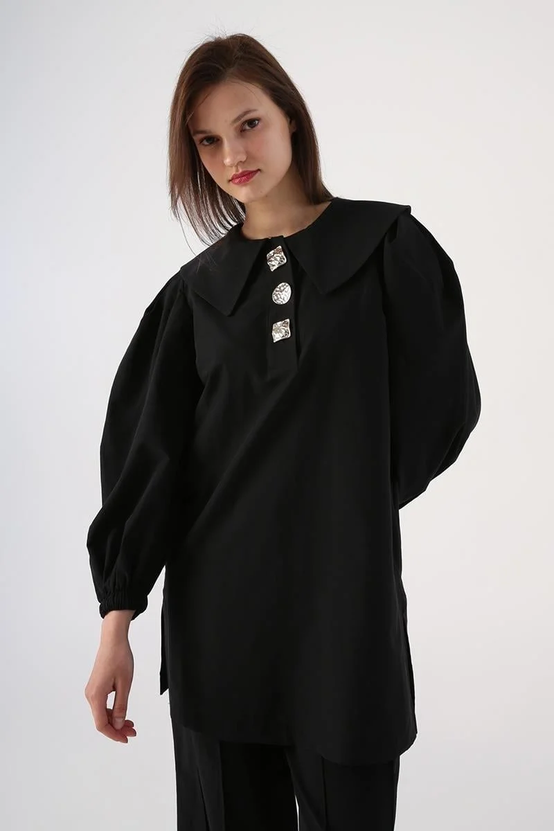 Allday Black-Gold Buttoned Large Collar Trouser Suit