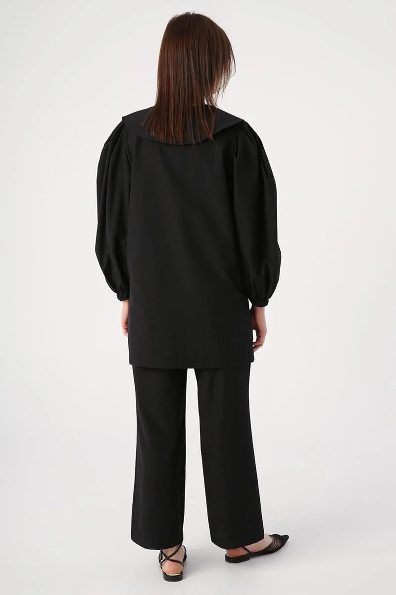 Allday Black-Gold Buttoned Large Collar Trouser Suit